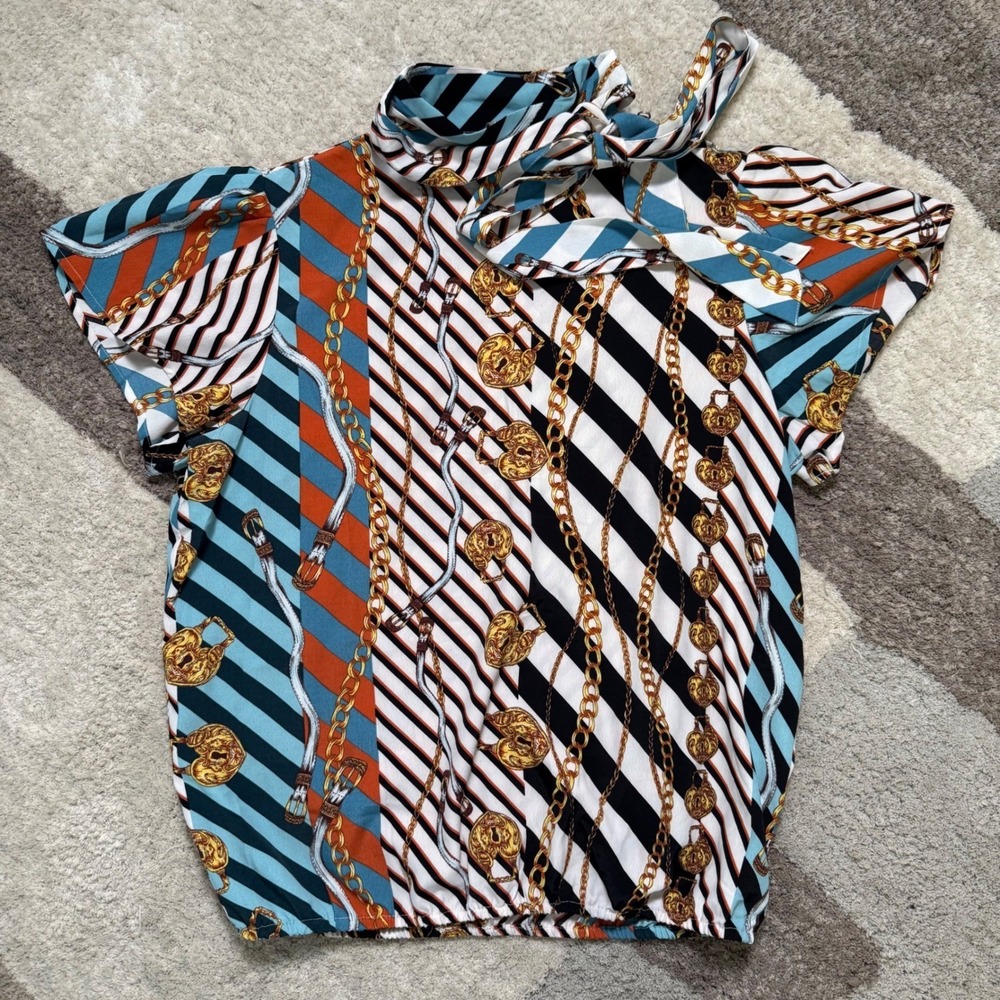 Soho New York & Company Jeans Chain Print Tie Neck Blouse Multicolor Stripe S
